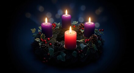 Lit Advent Wreath Candles Celebrating First Sunday of Advent Tradition & Christmas Hope
