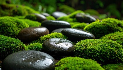 Zen garden with black smooth stones and vibrant green moss with tranquil scene.