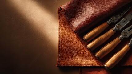 Crafting leather goods artisan tools and materials on textured surfaces studio close-up craftsmanship