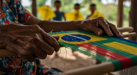 Hands weaving a brazilian flag on a loom with children in the background in a rural setting outdoors