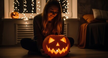 Young woman smiles at a glowing jacko'lantern sitting on the floor in a cozy halloween setting