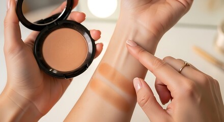 Woman testing makeup foundation shades on her arm with compact powder in hand for beauty product review