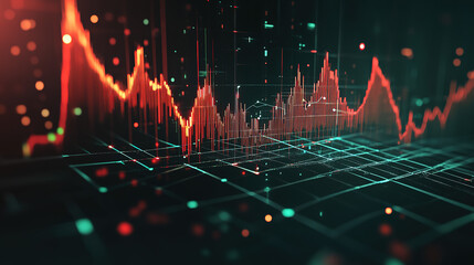A stylized 3D chart rises from a dark background, its peaks glowing red and green, symbolizing volatility and opportunity. The surrounding space remains empty and elegant, inviting text overlay or bra