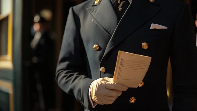 Formal attendant holds a ticket while standing near a vintage train at a bustling station during the golden hour