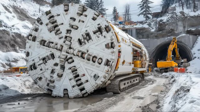 Large tunnel boring machine works on construction site in snowy mountain area during daytime