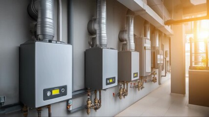 Modern heating system setup in a residential space showcasing multiple units and piping