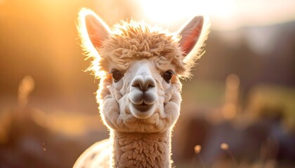 A close-up portrait of an alpaca with fluffy fur, illuminated by a warm, golden sunset, gazing straight ahead