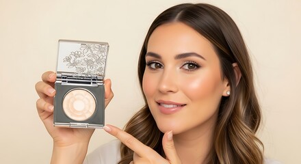Beautiful woman presenting face powder compact with floral design in a beauty product demonstration