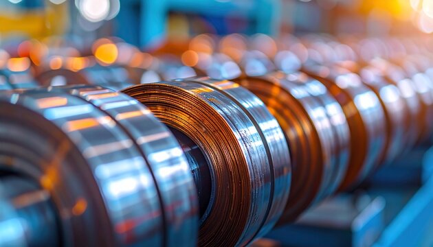 Rolled Copper Coil with Manufacturing Process, Industrial Factory Production, and Closeup.