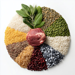 A simple, clean food pie chart highlighting a healthy balanced diet with distinct food categories, all isolated on a white background.