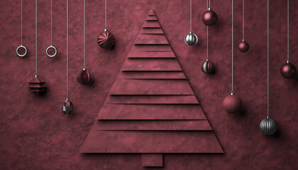 A modern burgundy Christmas paper tree with hanging ornaments