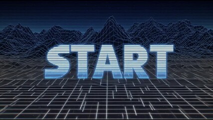 Retro Start Screen with Grid and Mountain Background. - Powered by Adobe