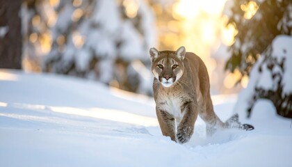A majestic wild cat strides purposefully through a snow-covered environment, illuminated by the warm glow of the sun. The scene is naturalistic