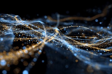 AI-generated abstract visualization of global financial network, bright blue and gold particle lines, holographic data transfer