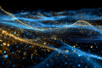 AI-generated abstract visualization of global financial network, bright blue and gold particle lines, holographic data transfer