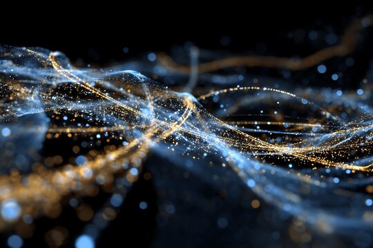 AI-generated abstract visualization of global financial network, bright blue and gold particle lines, holographic data transfer