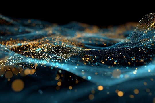 AI-generated abstract visualization of global financial network, bright blue and gold particle lines, holographic data transfer