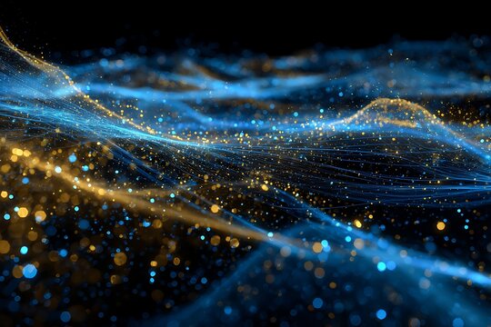 AI-generated abstract visualization of global financial network, bright blue and gold particle lines, holographic data transfer