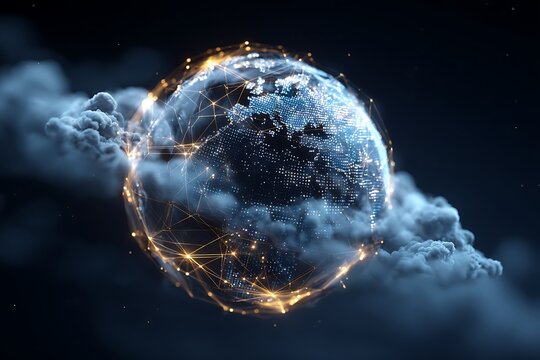 cloud computing globe with glowing finance data lines, AI fintech connection