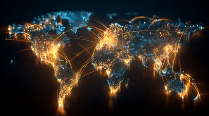 glowing world map with bright light lines connecting continents, representing borderless finance and data transfer, blue and gold neon light, futuristic fintech network