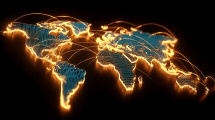 glowing world map with bright light lines connecting continents, representing borderless finance and data transfer, blue and gold neon light, futuristic fintech network