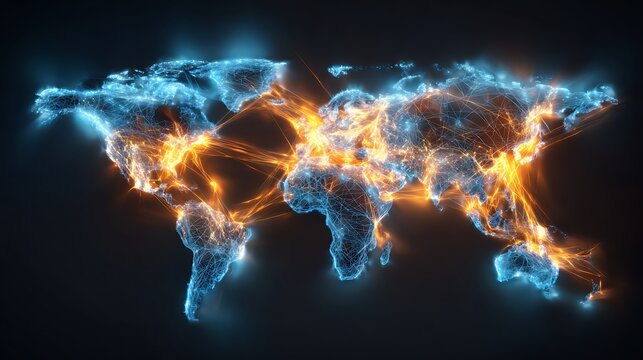 glowing world map with bright light lines connecting continents, representing borderless finance and data transfer, blue and gold neon light, futuristic fintech network