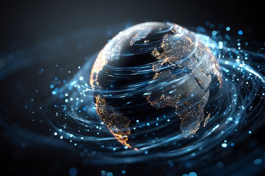 holographic earth globe with streaming light trails around continents, digital global finance network, - Powered by Adobe