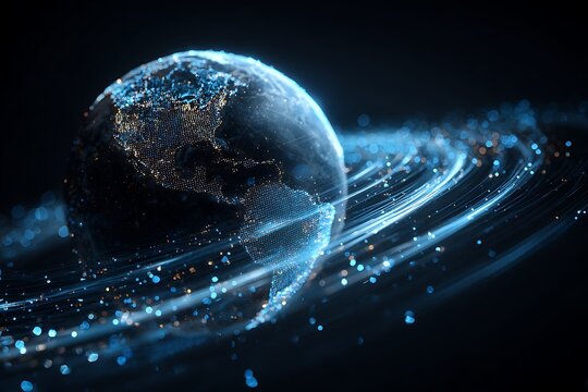 holographic earth globe with streaming light trails around continents, digital global finance network, - Powered by Adobe