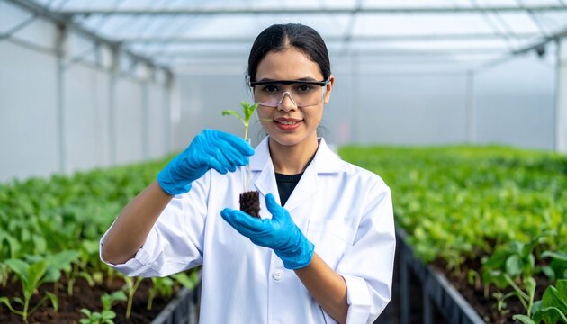 Scientist in lab coat examining plant sample in greenhouse with plant science concept. - Powered by Adobe