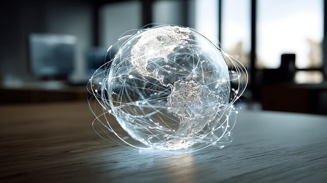 transparent digital earth floating over office desk with glowing connection lines, global finance, fintech technology