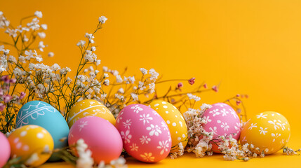 Decorative Easter eggs with pastel colors and delicate flowers on orange background. Colorful Easter eggs and white flowers arranged on vibrant orange backdrop