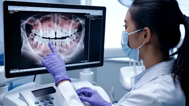Female Dentist Analyzing Panoramic Dental X-ray on Monitor