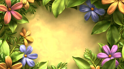 Vibrant spring flowers creating a colorful frame on a golden background. Spring flowers and greenery arranged to frame a soft golden background