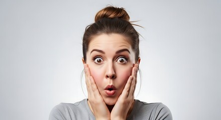 Woman expressing surprise with hands on face against a plain background in a studio setting