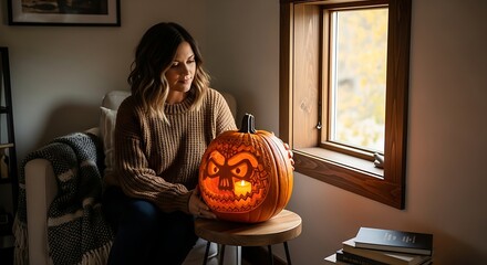 Woman admiring a carved halloween pumpkin with a candle inside in a cozy autumnal home setting