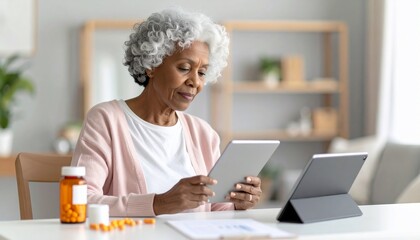 Senior Woman Consults Tablet with Online Healthcare, Medicine, Home, and Retirement.