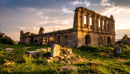 Ancient ruin bathed in golden sunset light. Majestic historical architecture
