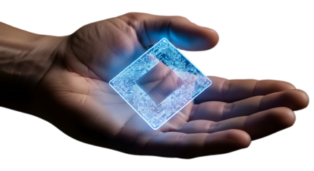Hand holding glowing tech diamond, concept of future technology and innovation era on transparent background