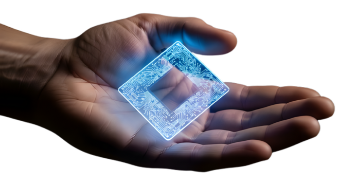 Hand holding glowing tech diamond, concept of future technology and innovation era on transparent background