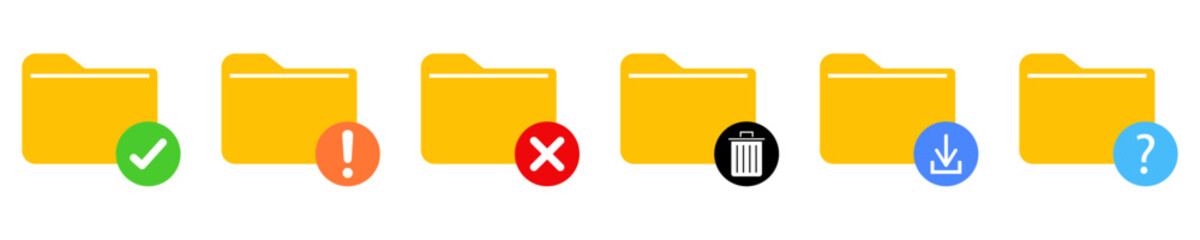 Set of yellow folder icons. File folder icons. File folder with check, warning, error, delete, download, and question mark icons. Flat design. Vector illustration.