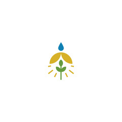 Minimalist flat design logo icon featuring a growing green plant, illuminated by golden sun rays, with a blue water drop above