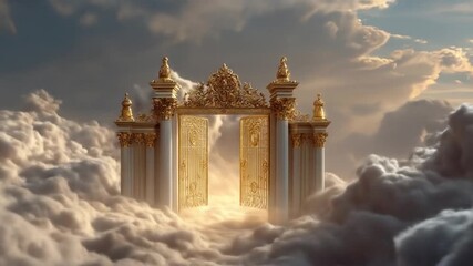 Ornate golden gates emerge from dramatic clouds, bathed in celestial light - Powered by Adobe