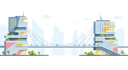 Naklejka premium Modern buildings connected by a bridge over a city landscape illustration