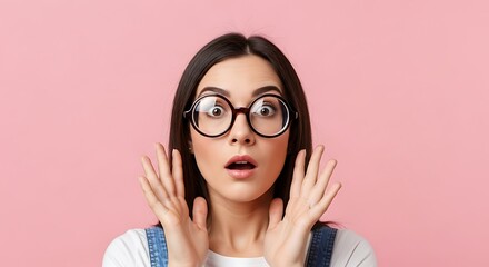 Surprised woman with round glasses expressing shock and disbelief against a pink studio backdrop