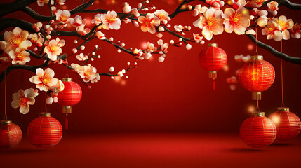 Peach blossoms and red lanterns, celebrating the Spring Festival. Festive peach blossoms with red lanterns for Chinese New Year celebrations