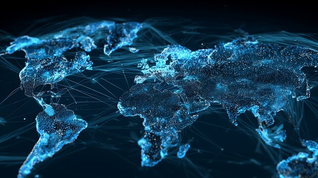 futuristic world map network visualization, glowing blue particles and lines, global connectivity concept