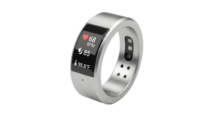 Smart ring health tracker silver wearable technology fitness monitor device bpm sleep data on transparent background