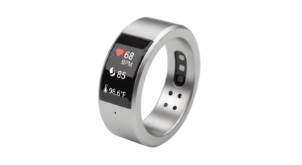 Smart ring health tracker silver wearable technology fitness monitor device bpm sleep data on transparent background