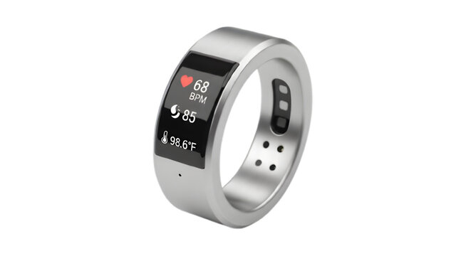 Smart ring health tracker silver wearable technology fitness monitor device bpm sleep data on transparent background