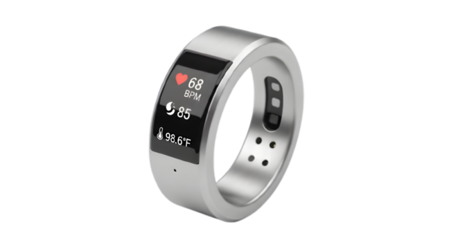 Smart ring health tracker silver wearable technology fitness monitor device bpm sleep data on transparent background